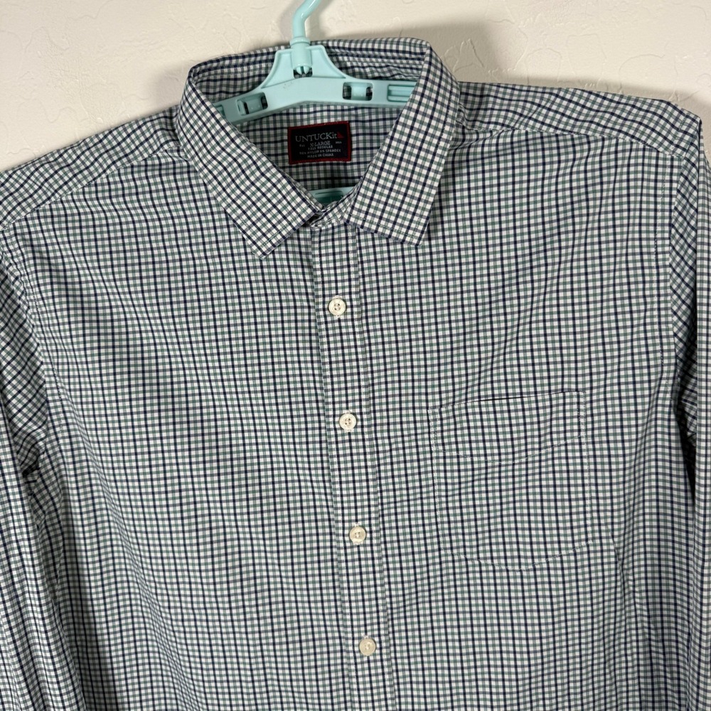 Untuckit Shirt Mens XL Tall Green Navy Gingham Performance Stretch Button Up